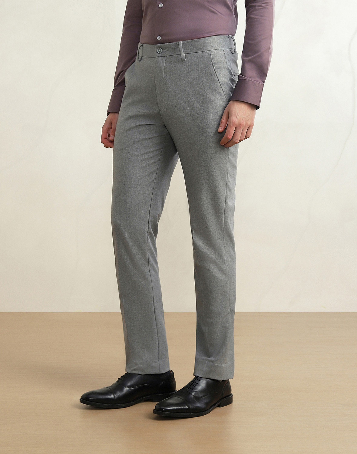 Image of LOUIS PHILIPPE Men Slim Fit Grey Polyester Trousers