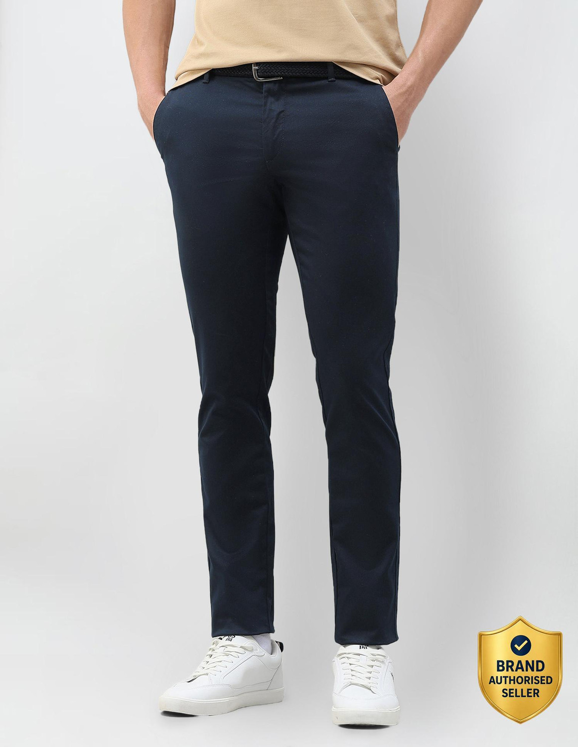 Image of U.S. POLO ASSN. Men Slim Fit Blue Pure Cotton Trousers
