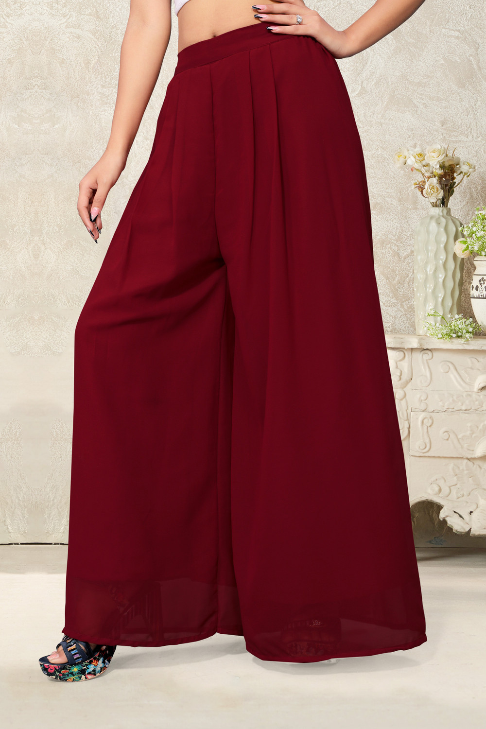 Image of Anti Wrinkle Designer Flared Women Maroon Trousers