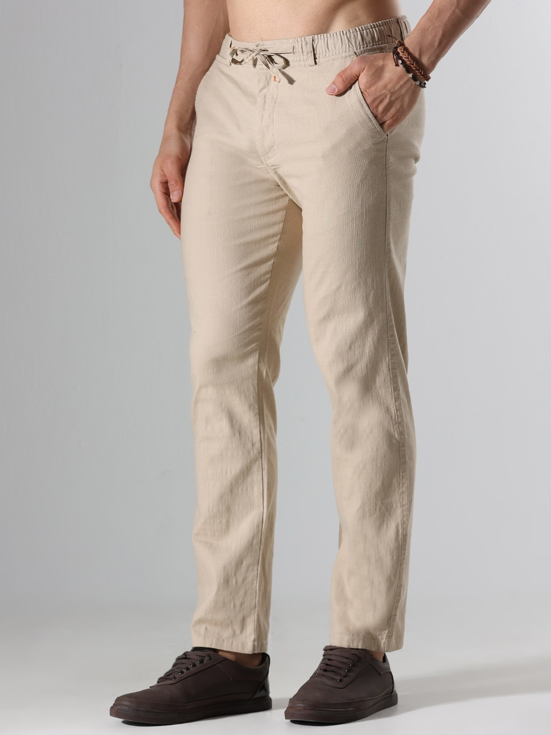 Image of Roadster Men Relaxed Beige Pure Linen Trousers