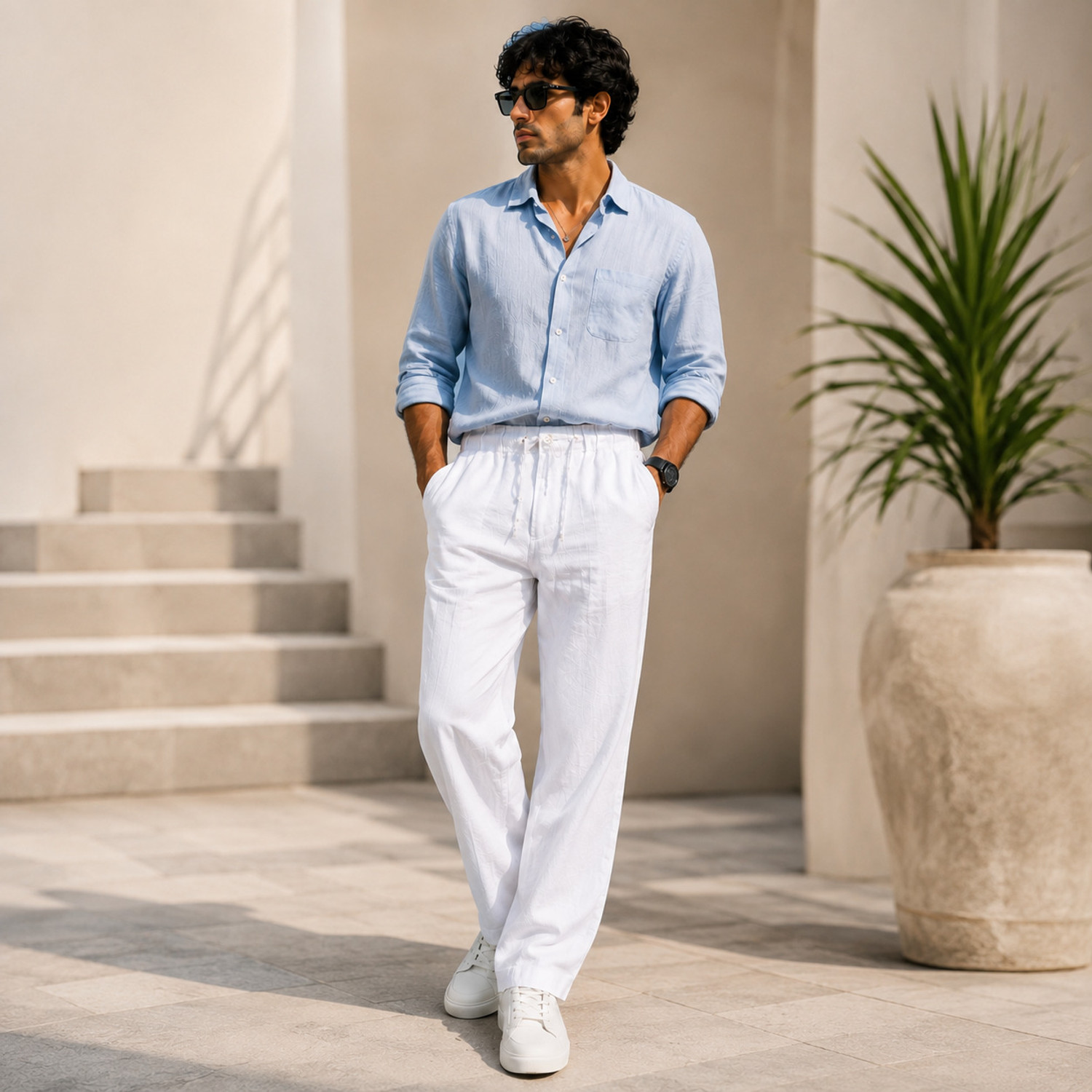 Image of XQZG Men Regular Fit White Linen Blend Trousers