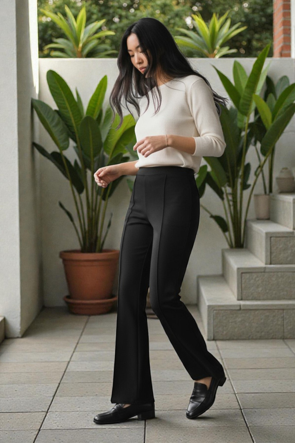 Image of FUBACK Flared Women Beige, Black Trousers