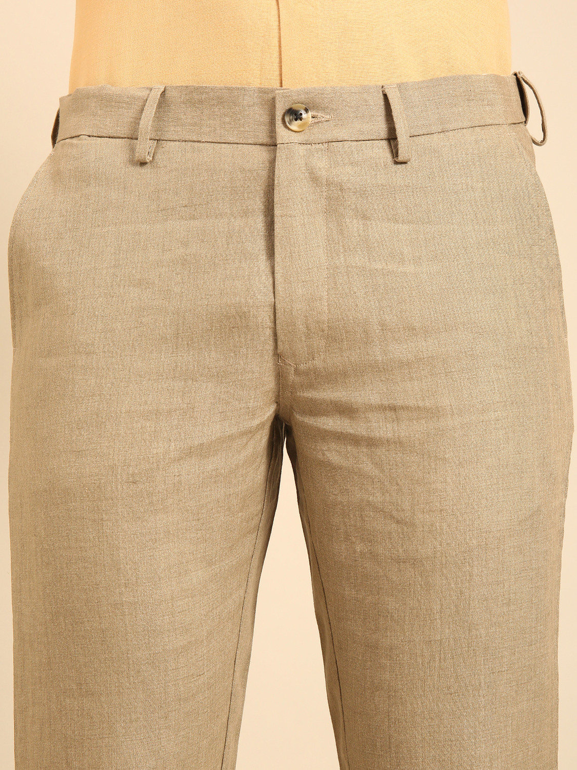 Image of Linen Club Men Regular Fit Khaki Pure Linen Trousers
