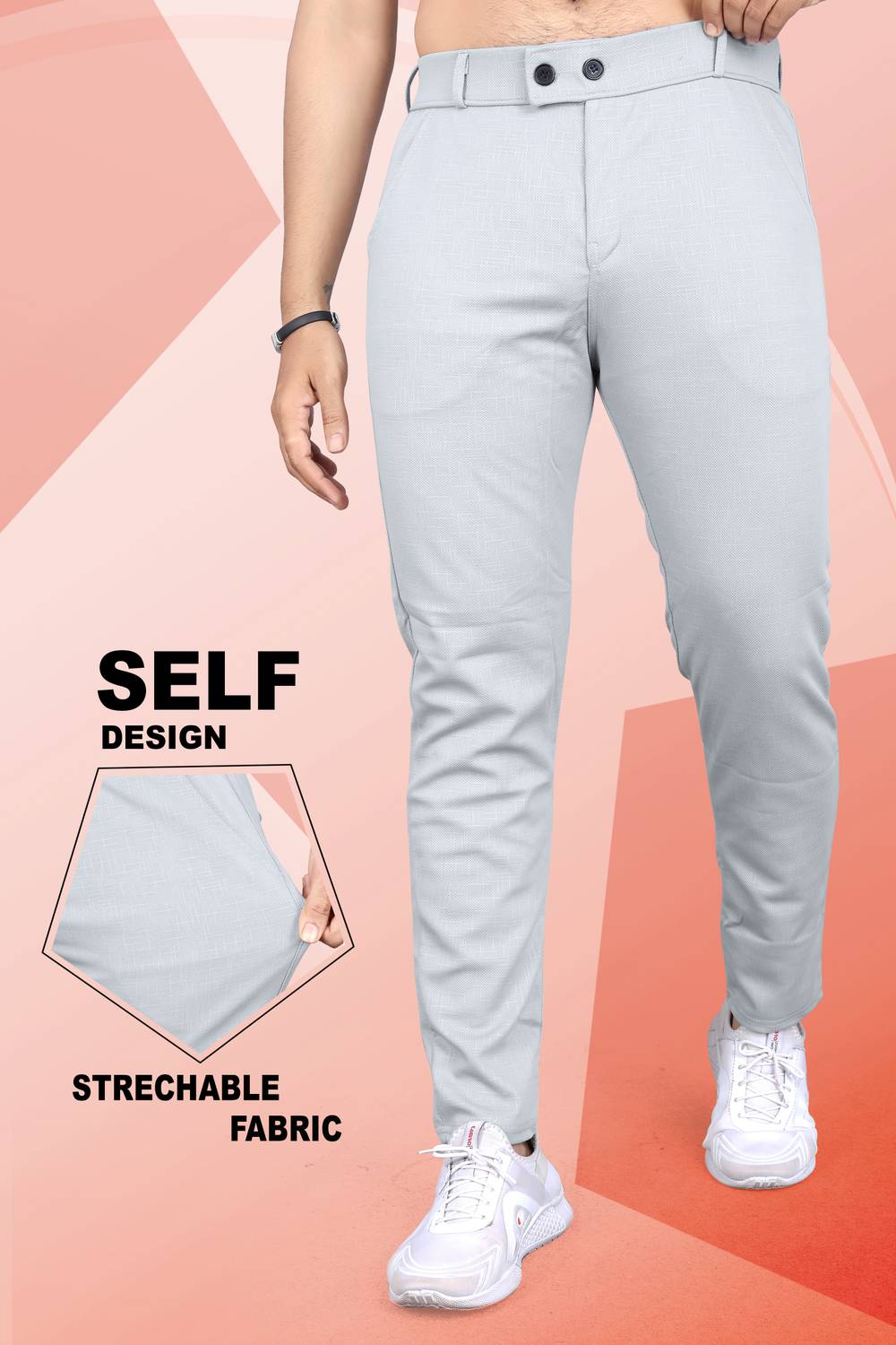 INDICLUB Men Slim Fit Silver Linen Blend Trousers