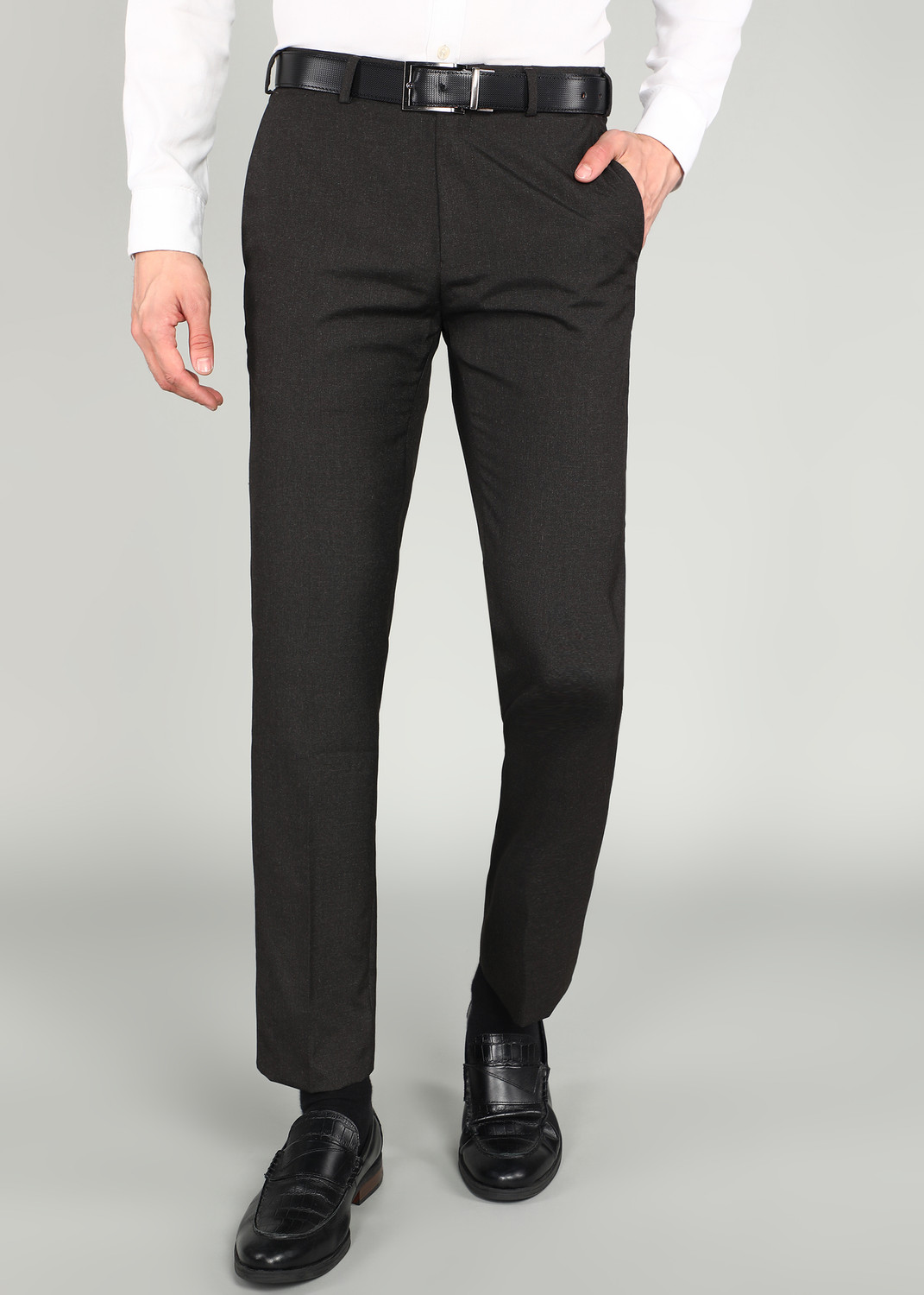 Image of Raymond Men Slim Fit Brown Polyester Trousers