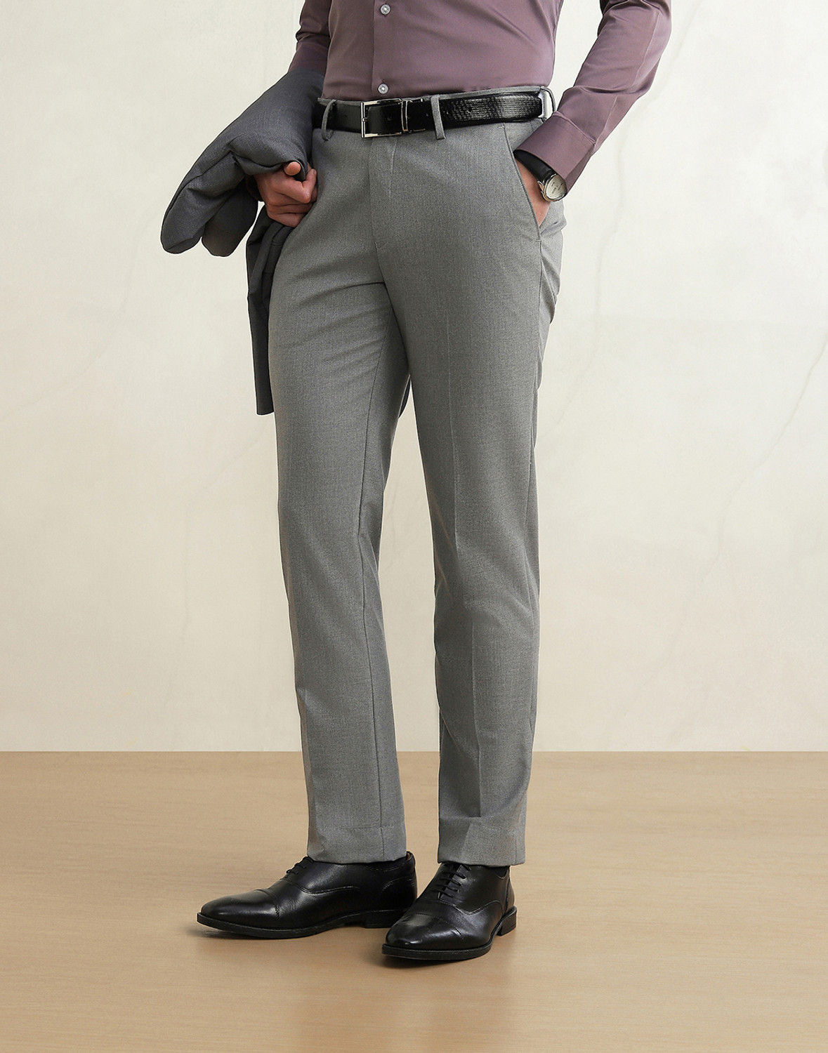 Image of LOUIS PHILIPPE Men Slim Fit Grey Polyester Trousers