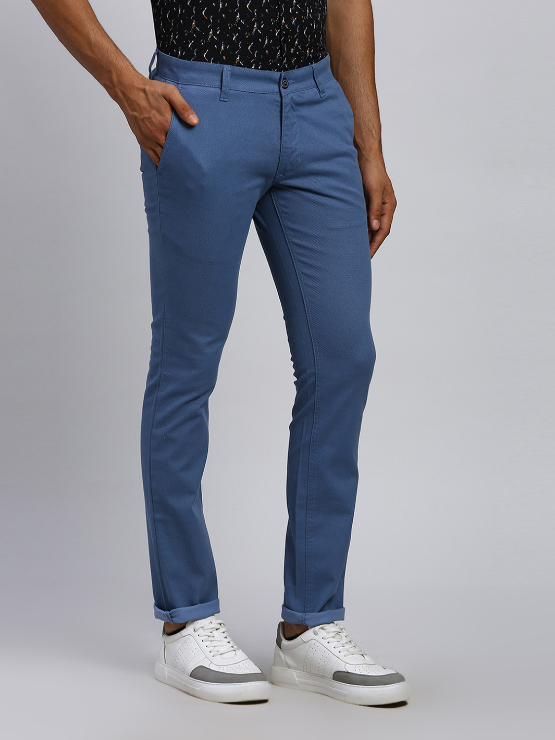 Image of PARX Men Slim Fit Blue Cotton Blend Trousers