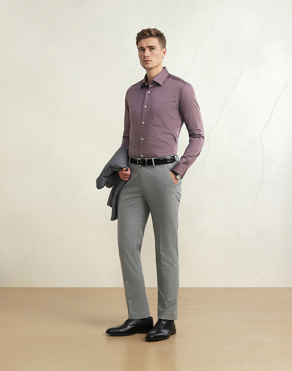 Image of LOUIS PHILIPPE Men Slim Fit Grey Polyester Trousers