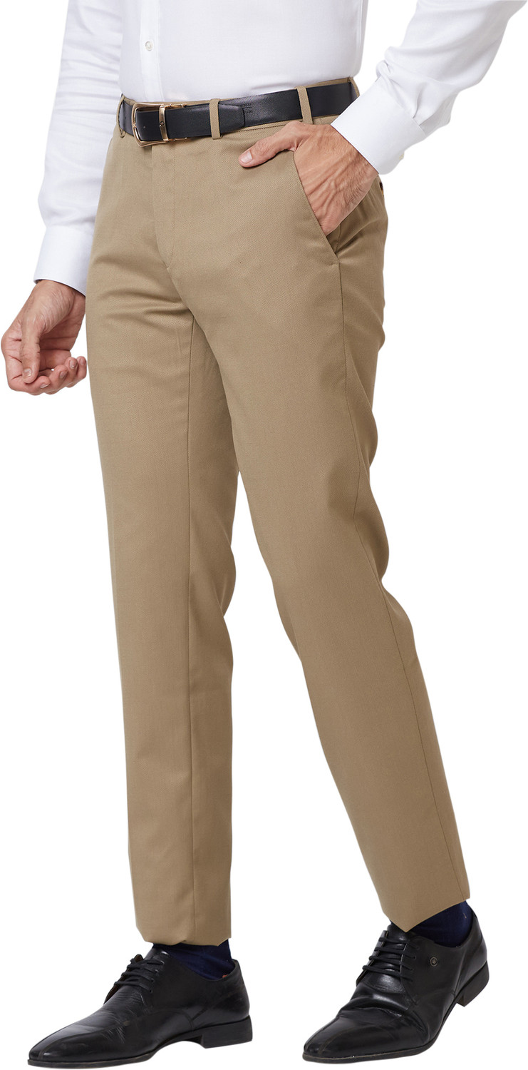 Image of Raymond Men Slim Fit Beige Polyester Trousers