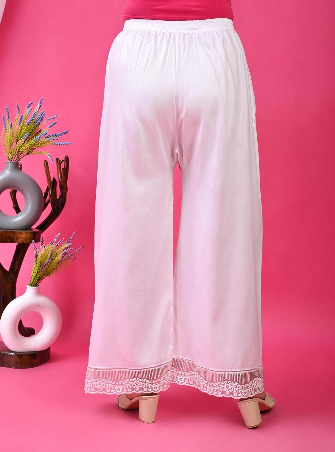 Image of SMSGS Women Loose Fit White Cotton Blend Trousers