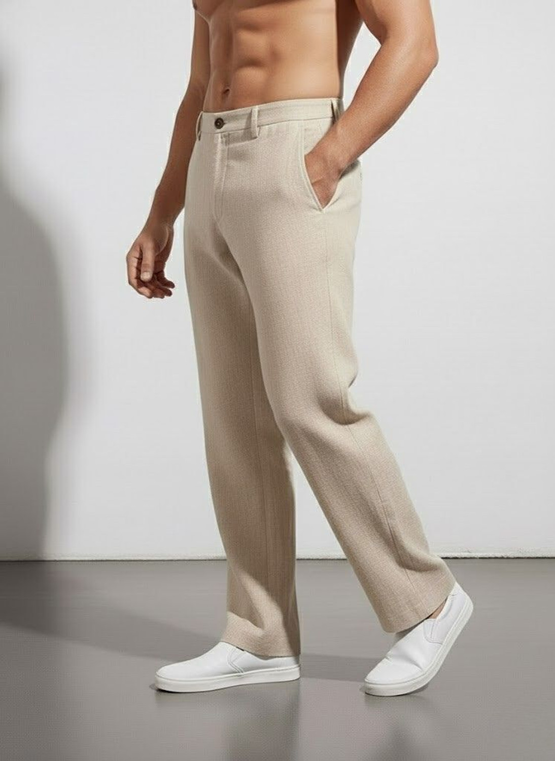 Image of Smowkly Straight Fit Men Beige Trousers