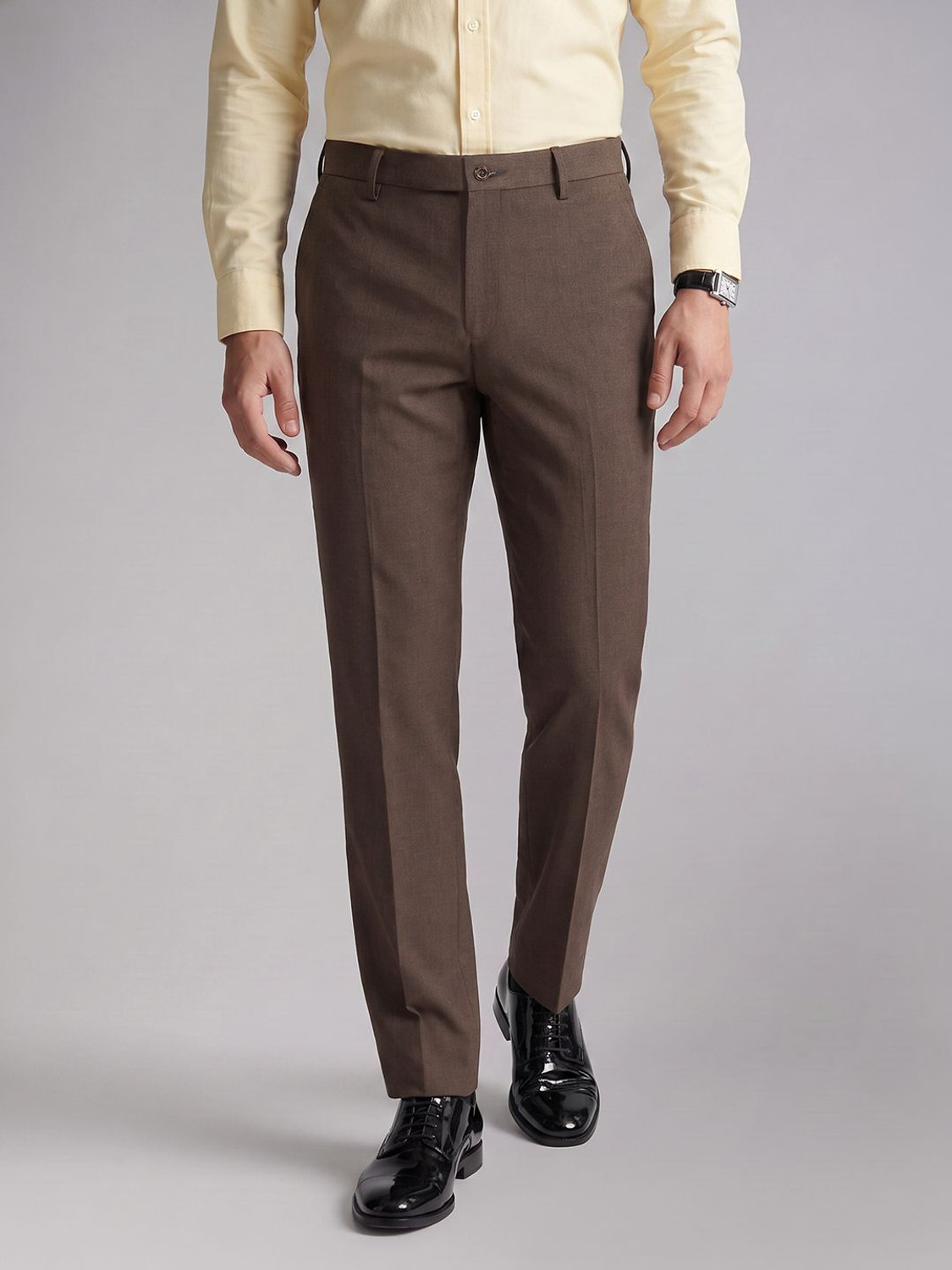 Image of LOUIS PHILIPPE Men Slim Fit Brown Polyester Trousers