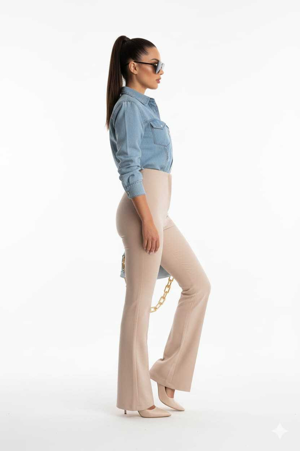 Image of High-Buy Flared Women Beige Trousers