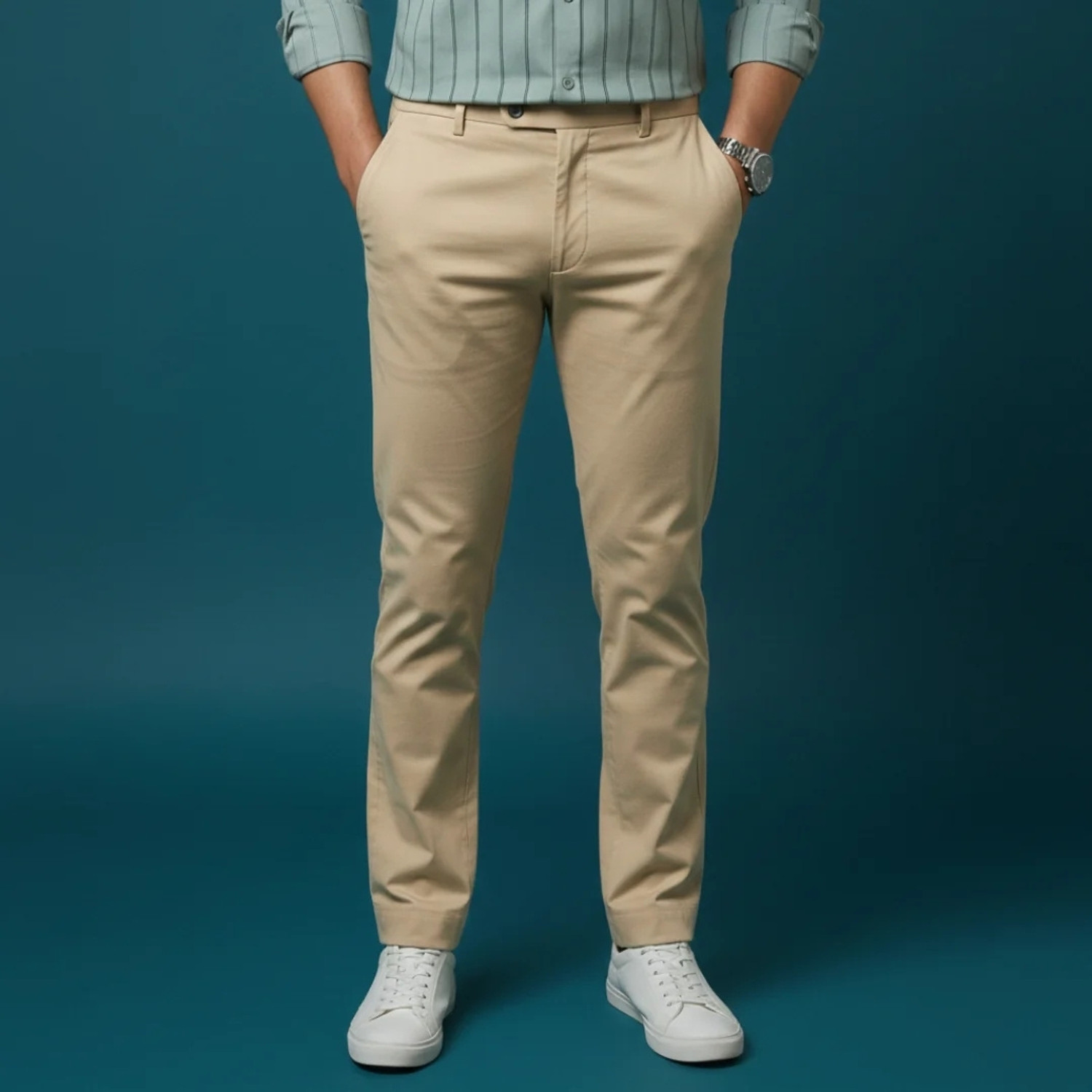 Image of PAKKALOOK Men Regular Fit Beige, Khaki Satin Trousers
