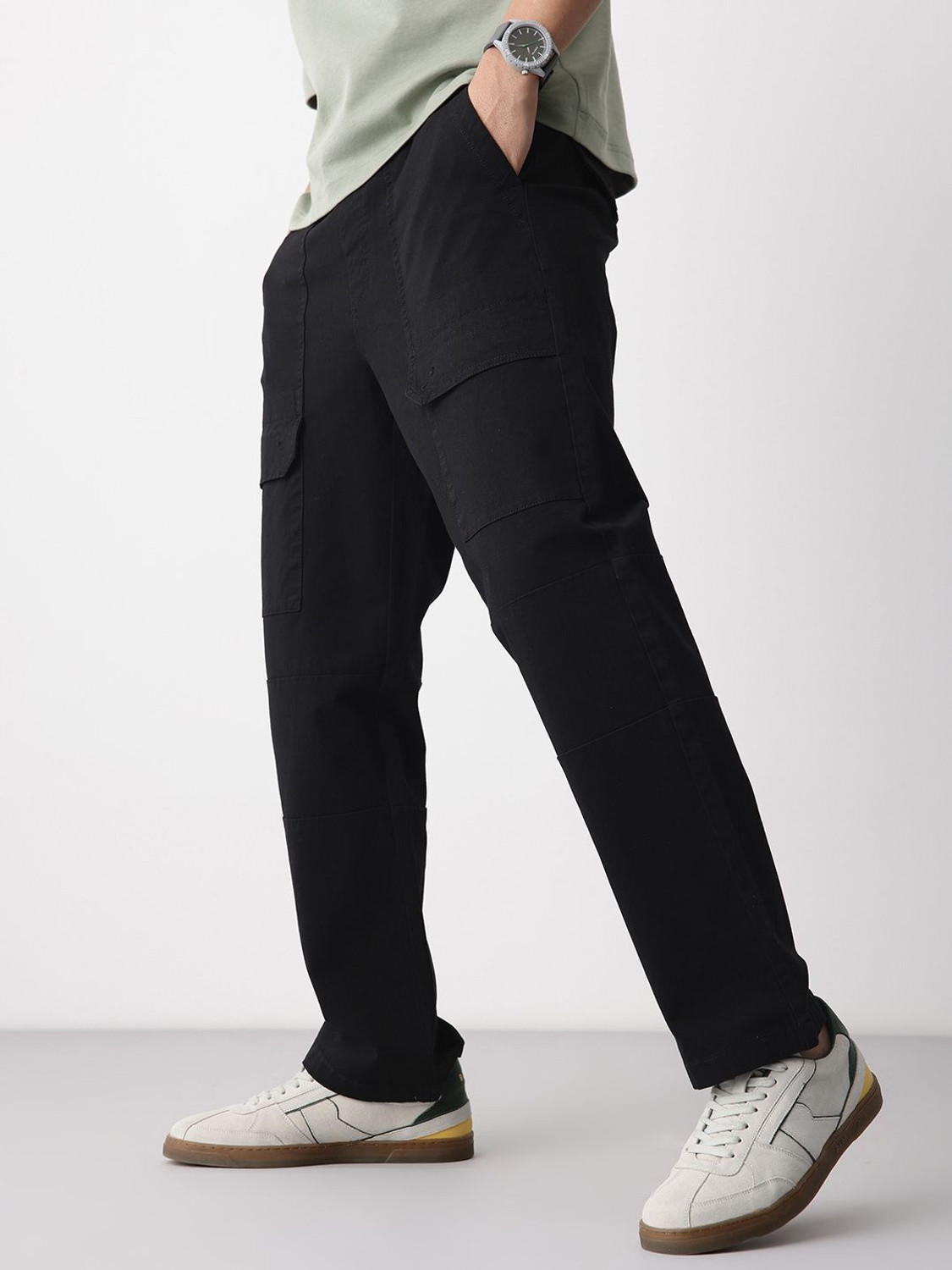 Image of Mast & Harbour Men Straight Fit Black Pure Cotton Trousers