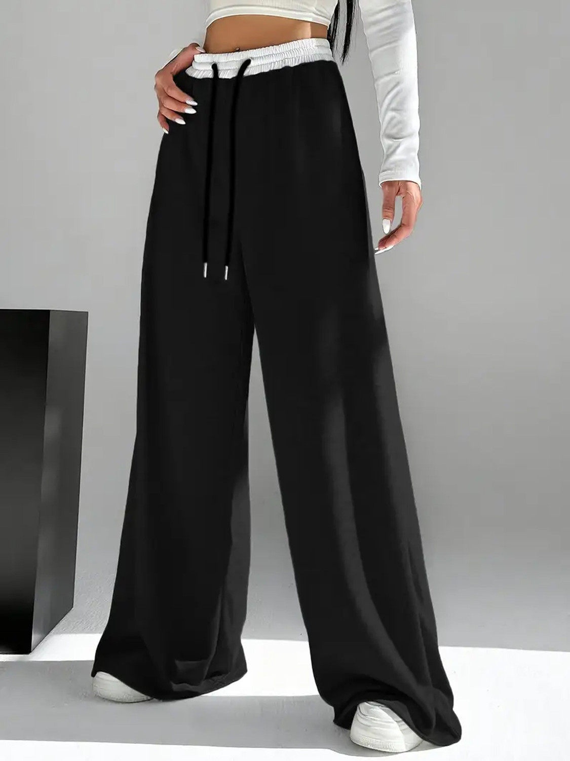 Image of stylebella Women Regular Fit Black Cotton Blend Trousers