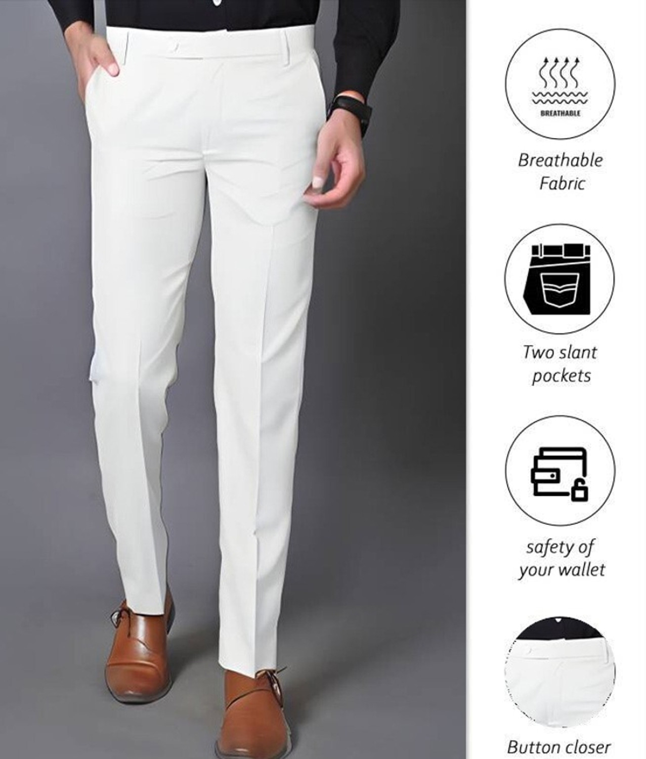 Image of Fabkrave Slim Fit Men White Trousers