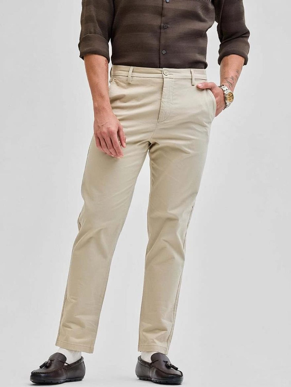 Image of Snitch Slim Fit Men Beige Trousers
