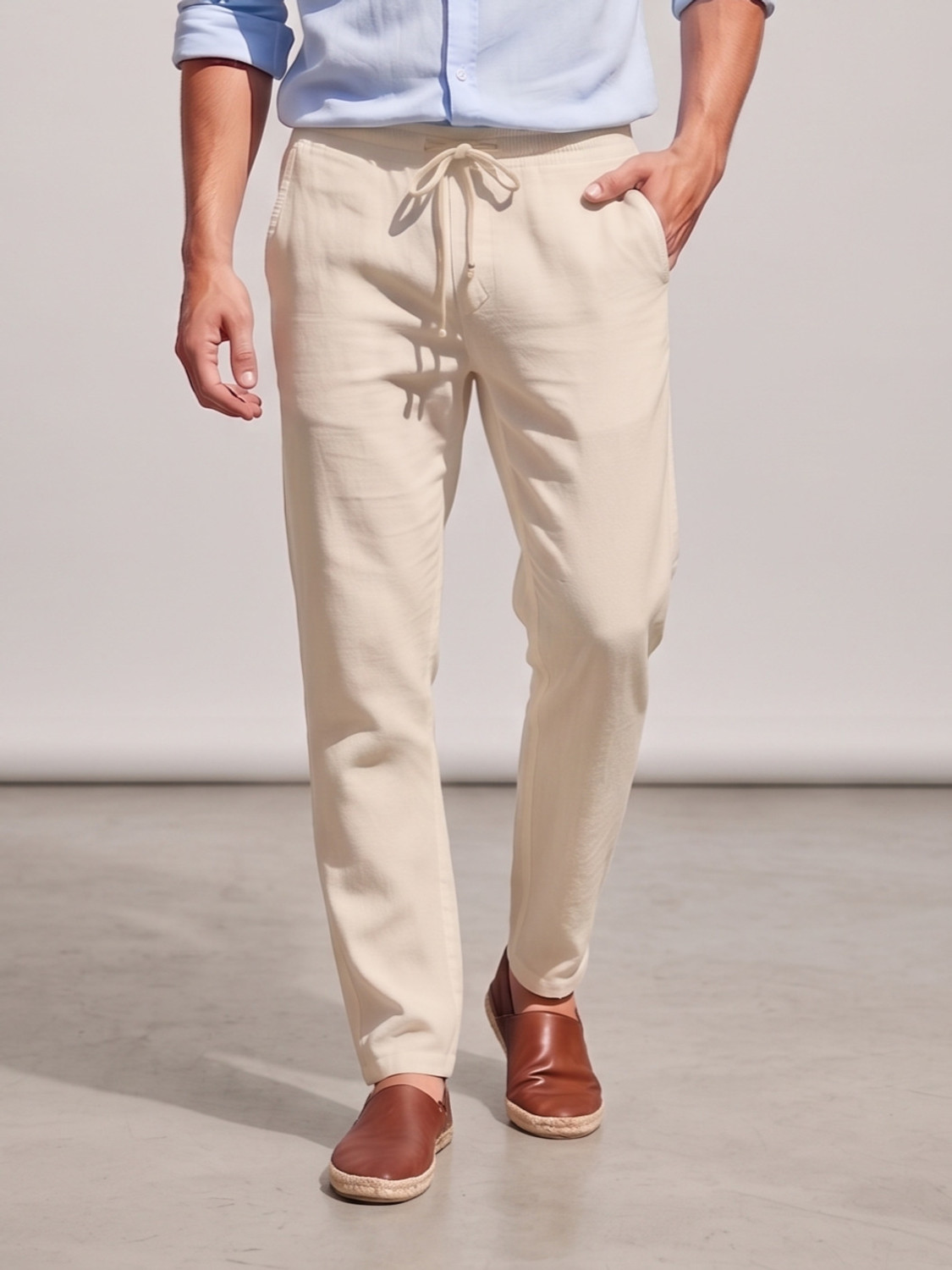 Image of woomny Regular Fit Men Cream Trousers