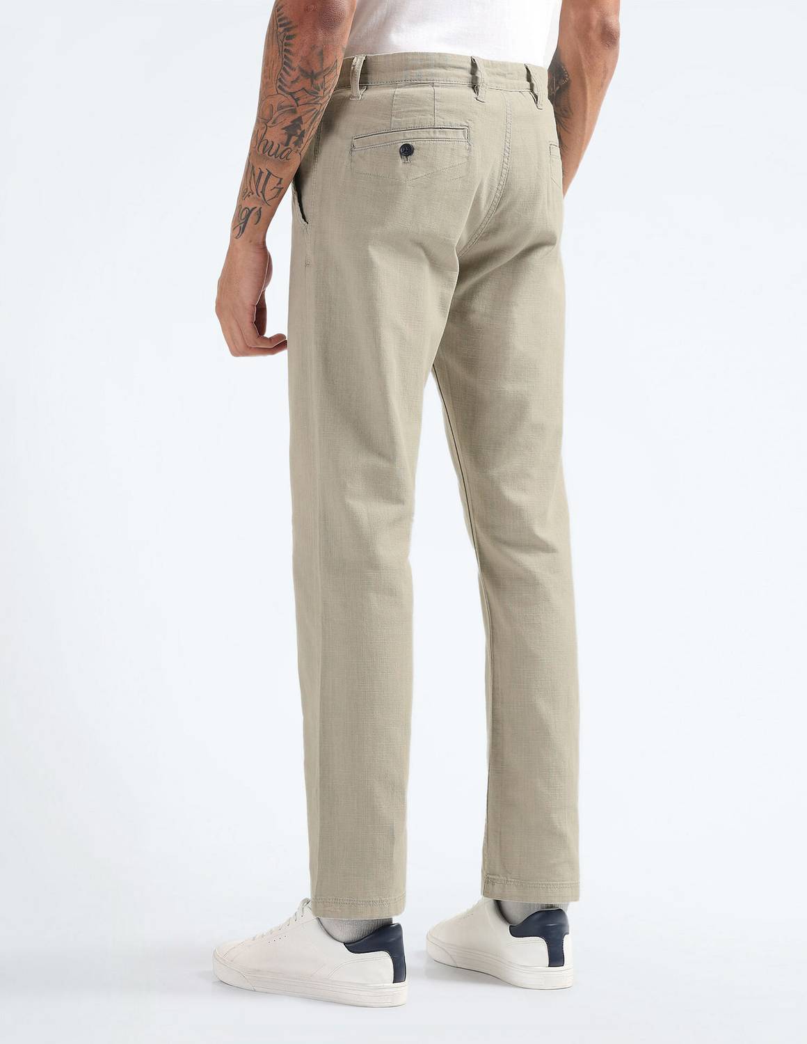 Men Regular Fit Beige Cotton Blend Trousers - Image 5