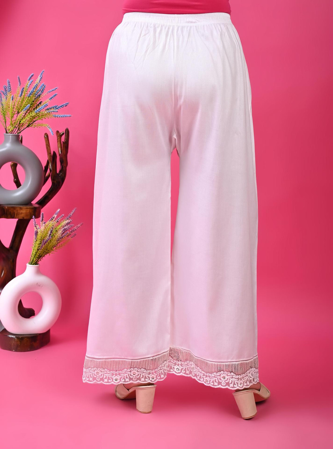 Image of SMSGS Women Loose Fit White Cotton Blend Trousers