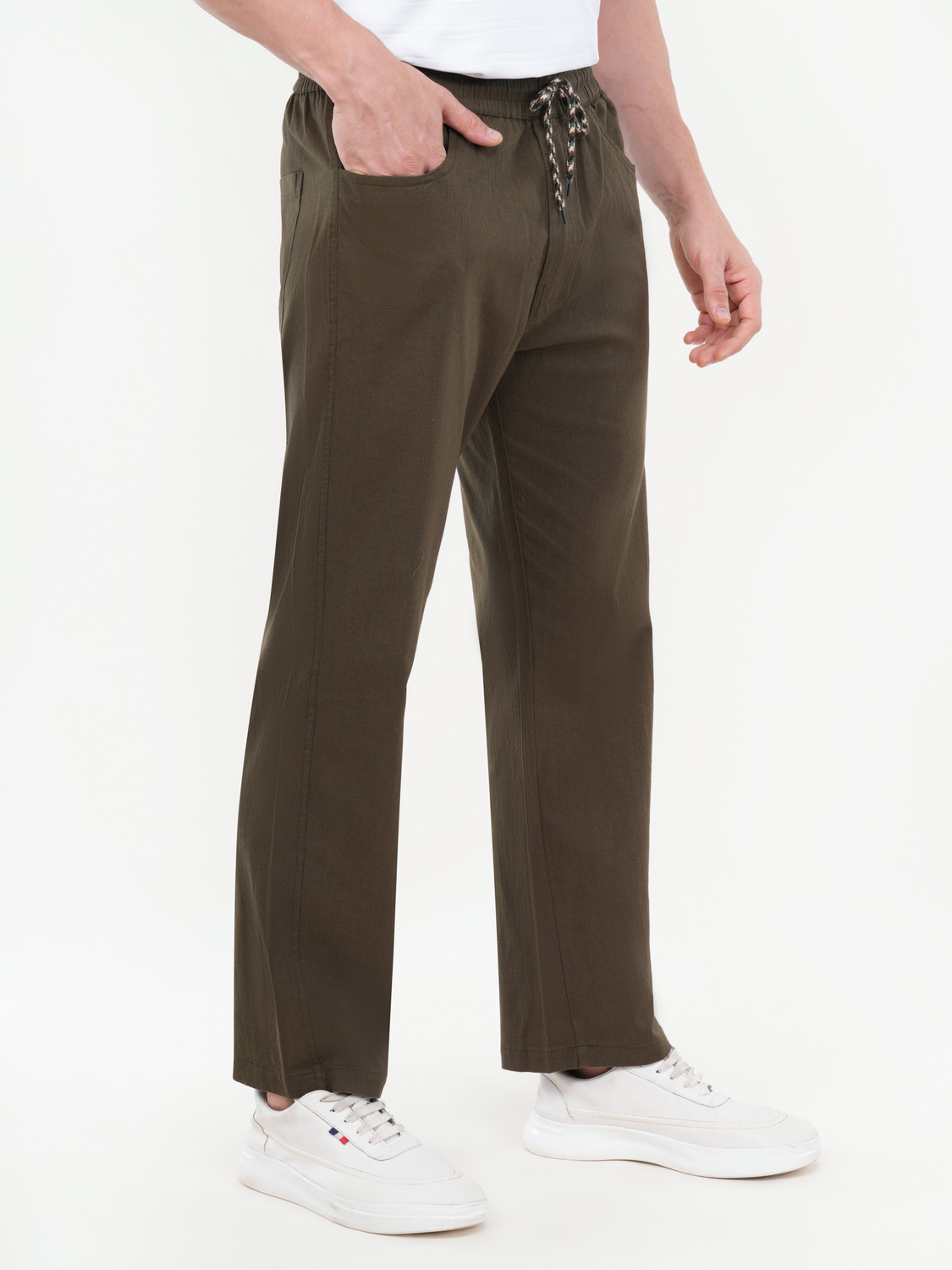 Image of ZULX Men Straight Fit Dark Green Linen Blend Trousers