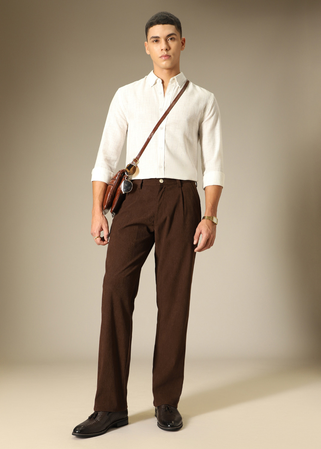 Image of Banana Club Men Regular Fit Brown Corduroy Trousers