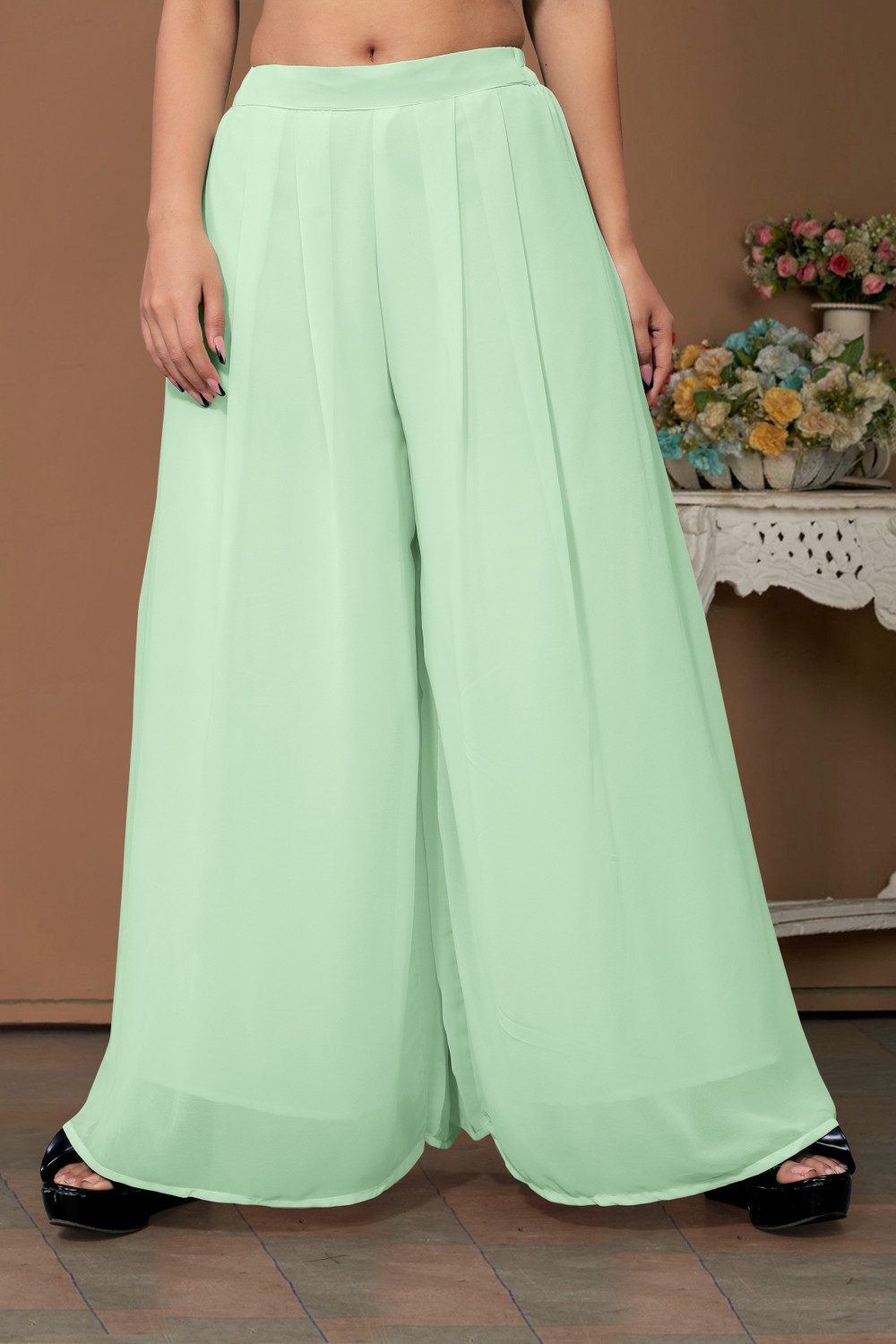 Image of Anti Wrinkle Designer Flared Women Light Green Trousers