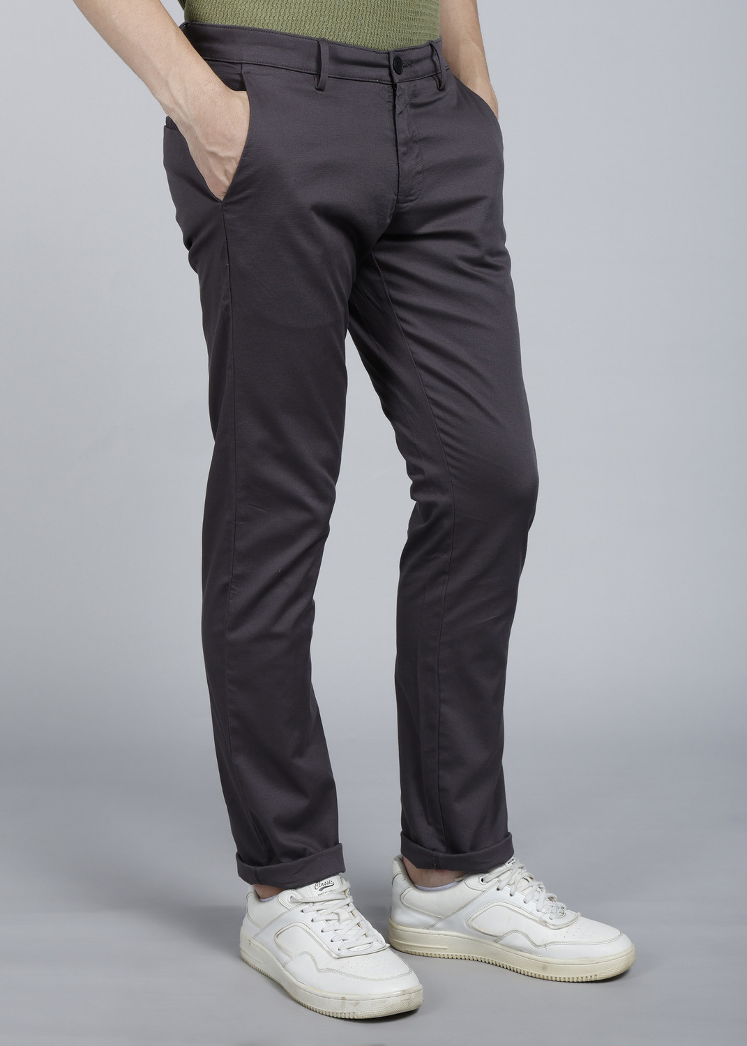 Image of Allen Solly Men Regular Fit Grey Cotton Blend Trousers