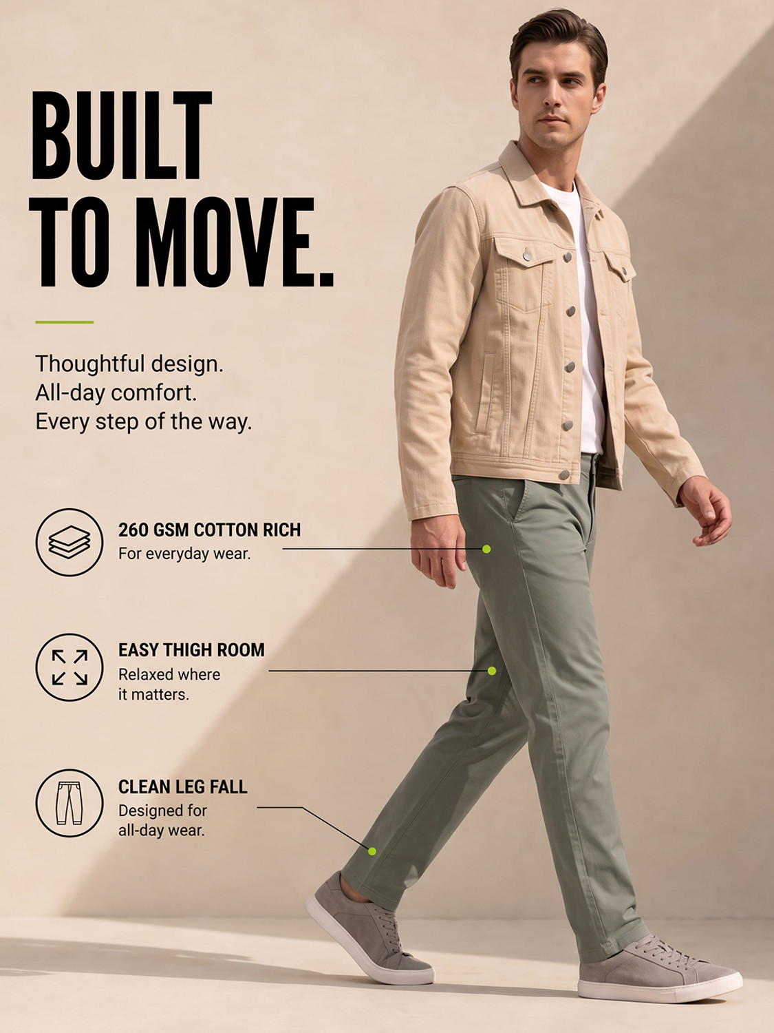 Image of NOBERO Men Tapered Light Green Cotton Blend Trousers