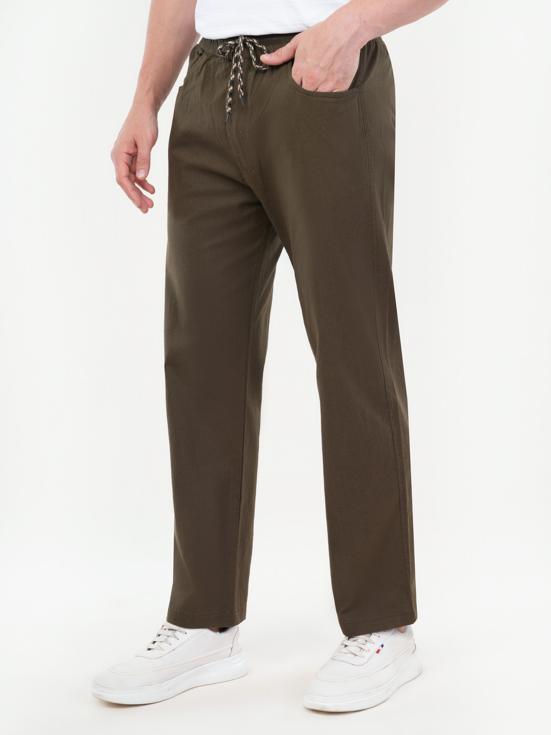 Image of ZULX Men Straight Fit Dark Green Linen Blend Trousers