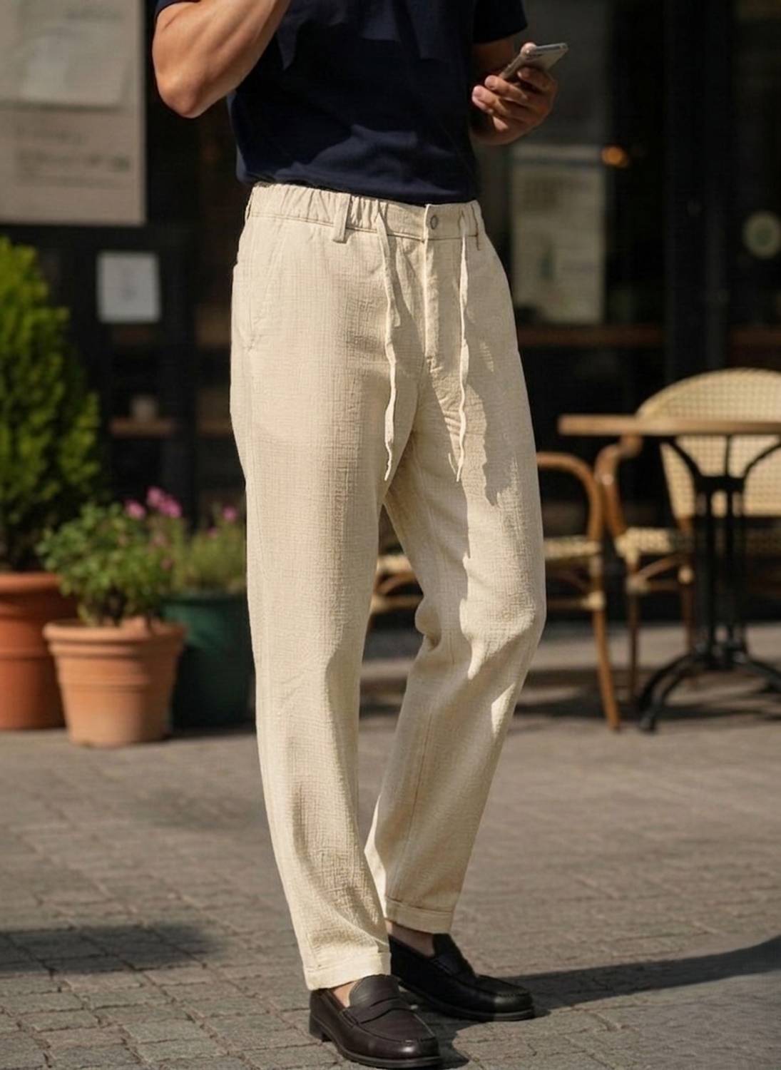 INDICLUB Relaxed Men Cream Trousers - Image 3