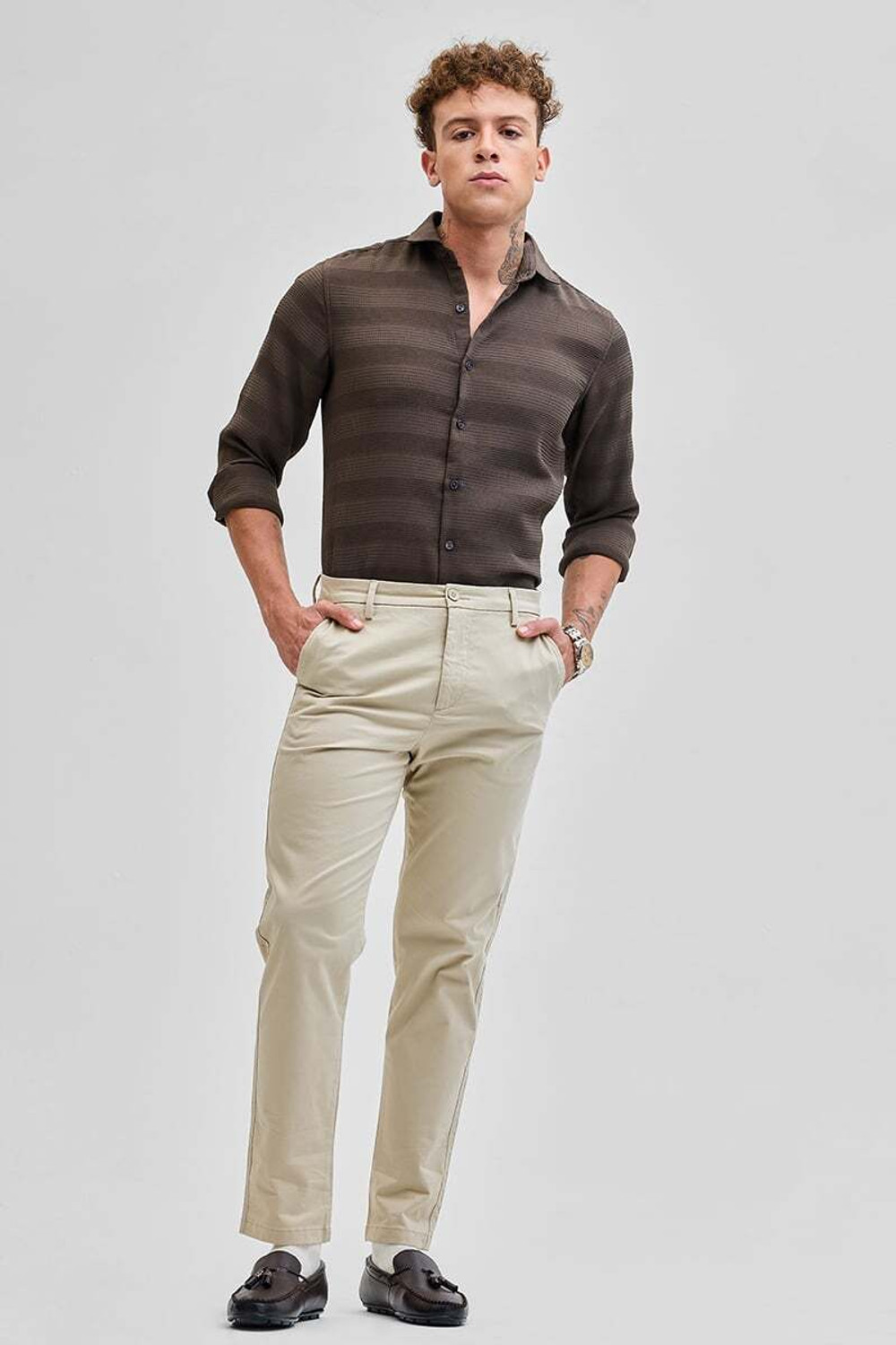 Image of Snitch Slim Fit Men Beige Trousers