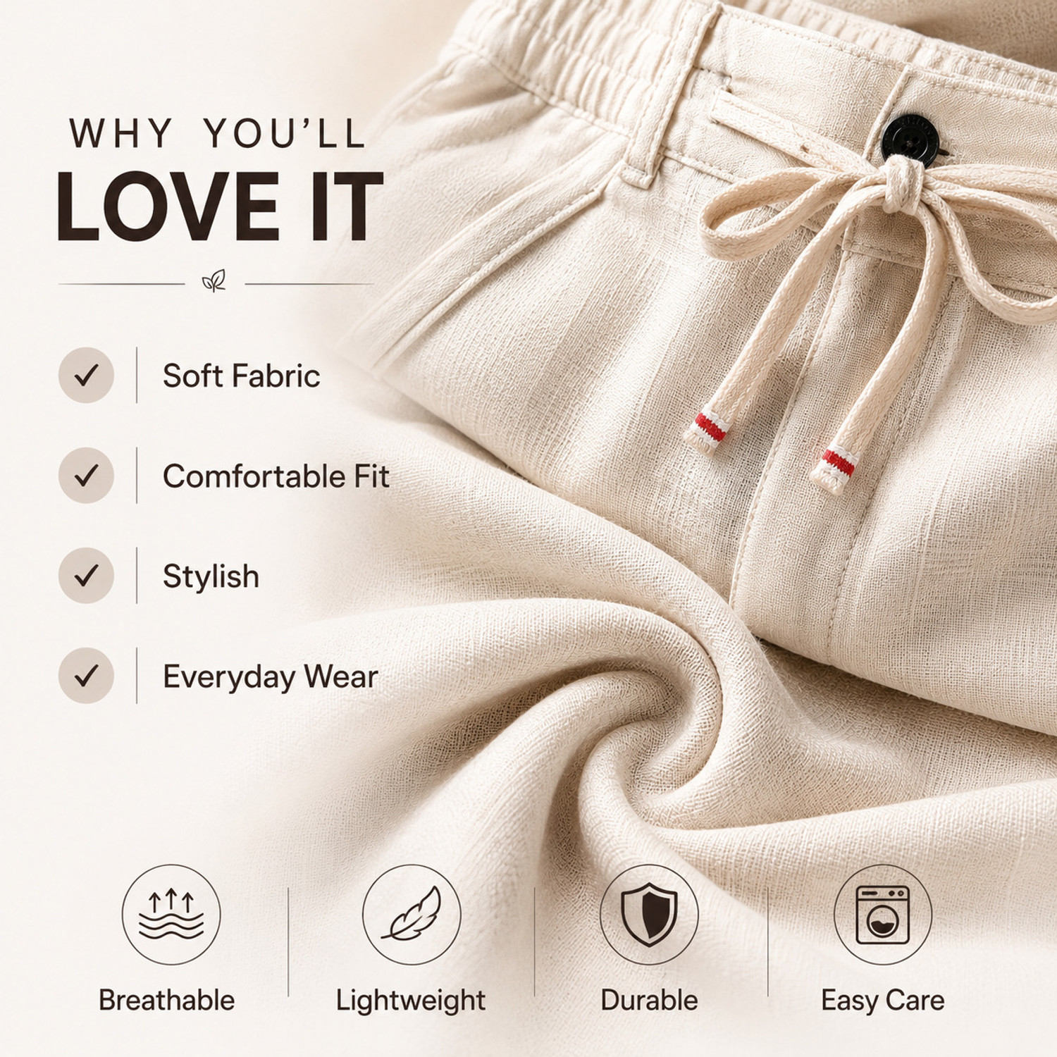 Image of WHISQ Straight Fit Men Cream Trousers