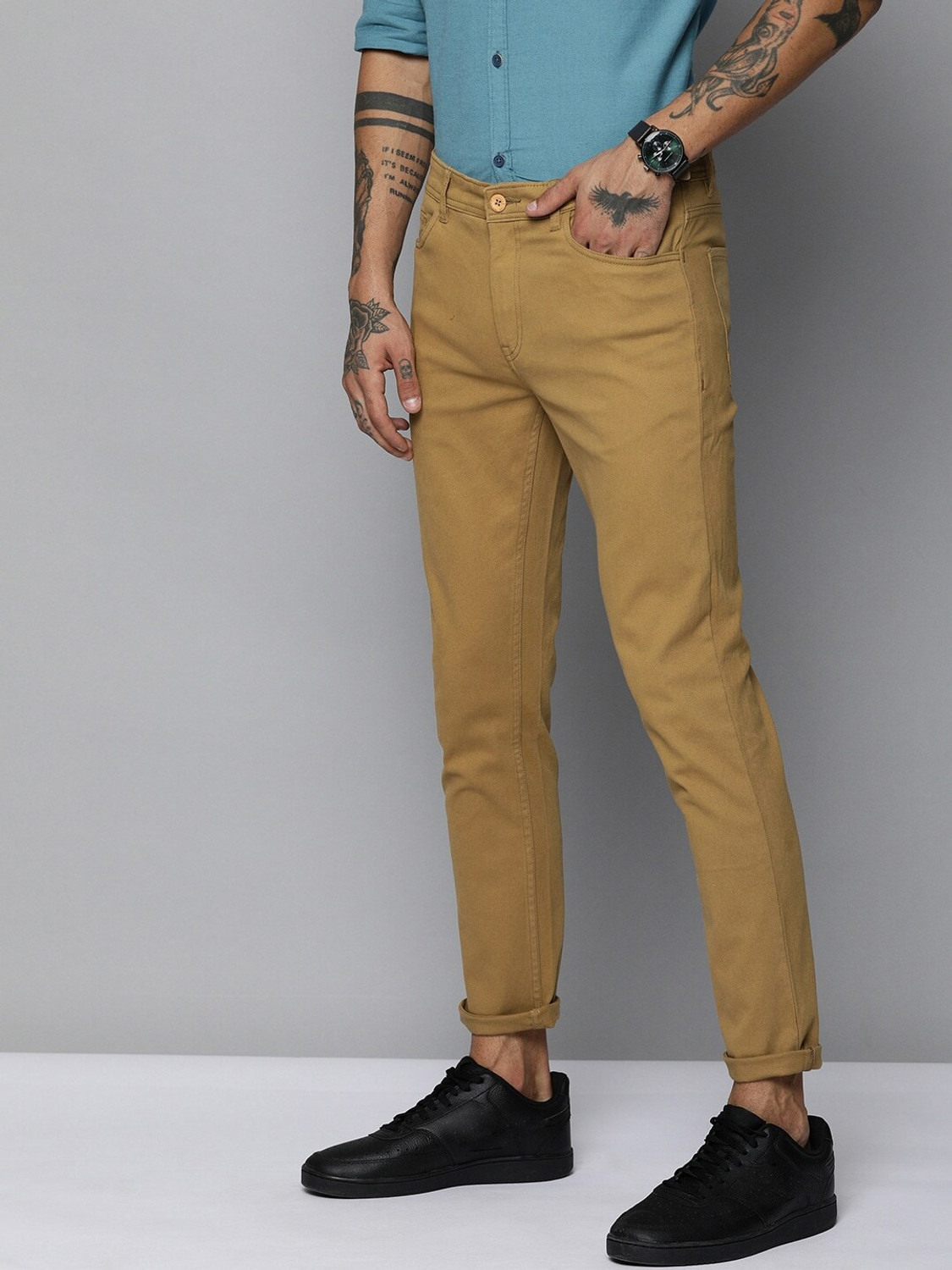 Image of The Indian Garage Co. Men Slim Fit Khaki Cotton Blend Trousers