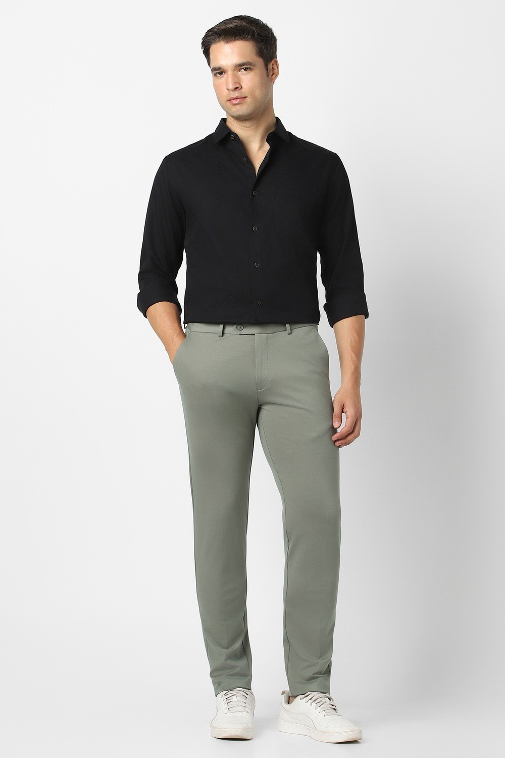 Image of PETER ENGLAND Slim Fit Men Green Trousers