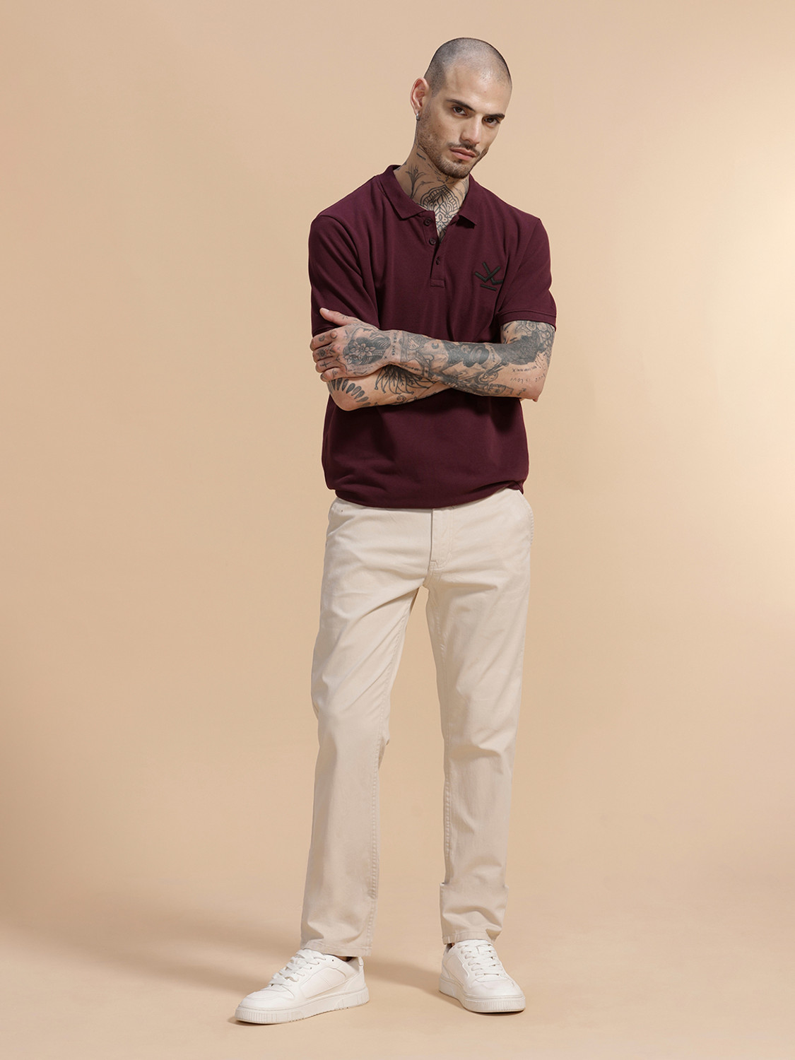 Image of WROGN Slim Fit Men Beige Trousers