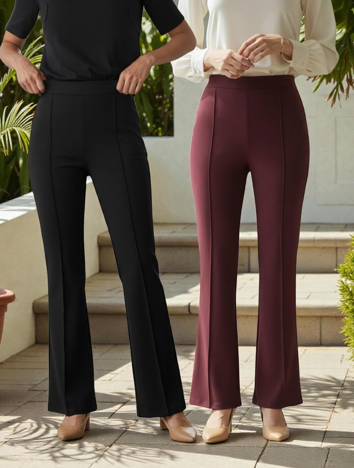 Image of FUBACK Flared Women Maroon, Black Trousers