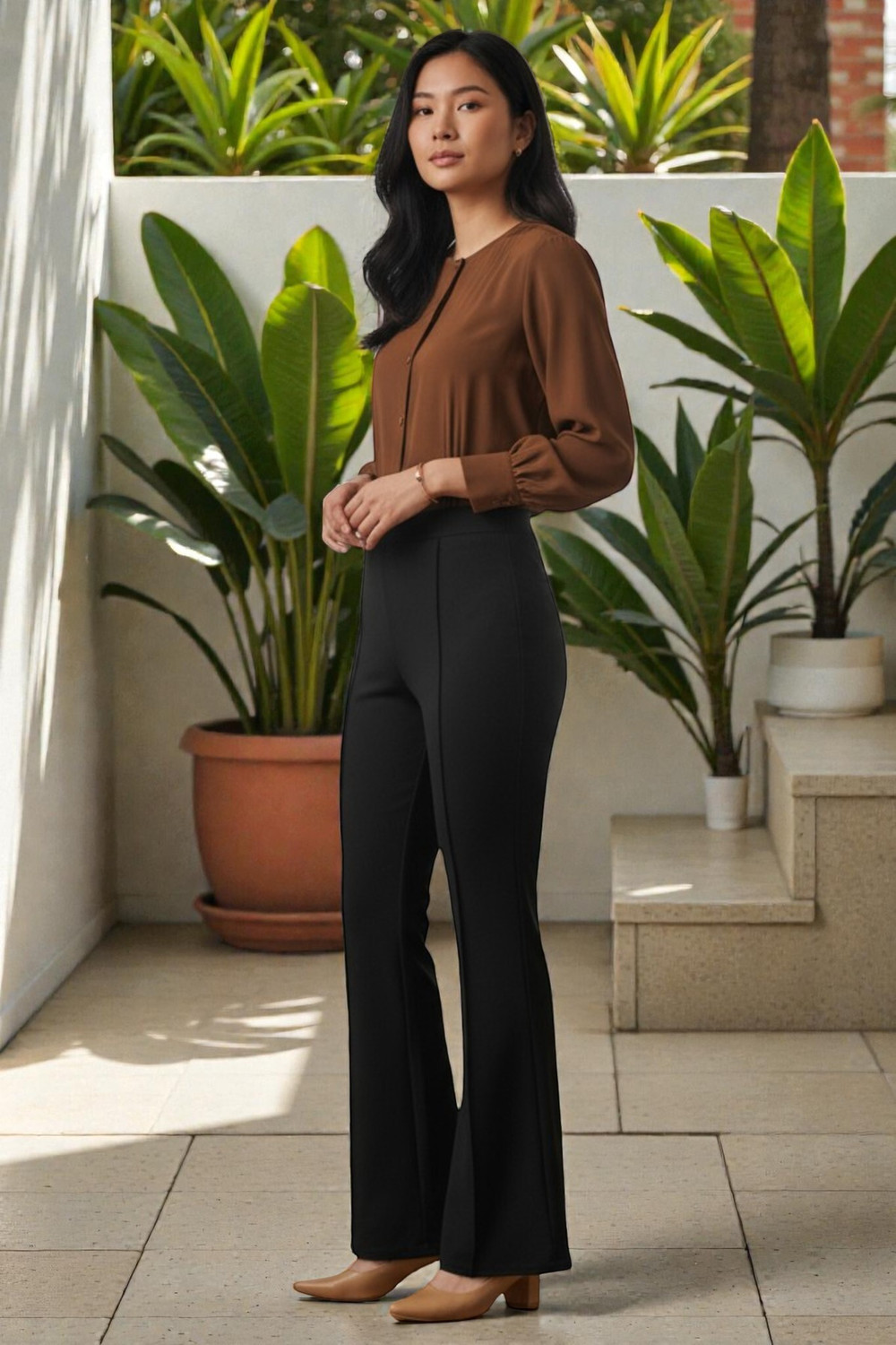 Image of FUBACK Flared Women Beige, Black Trousers