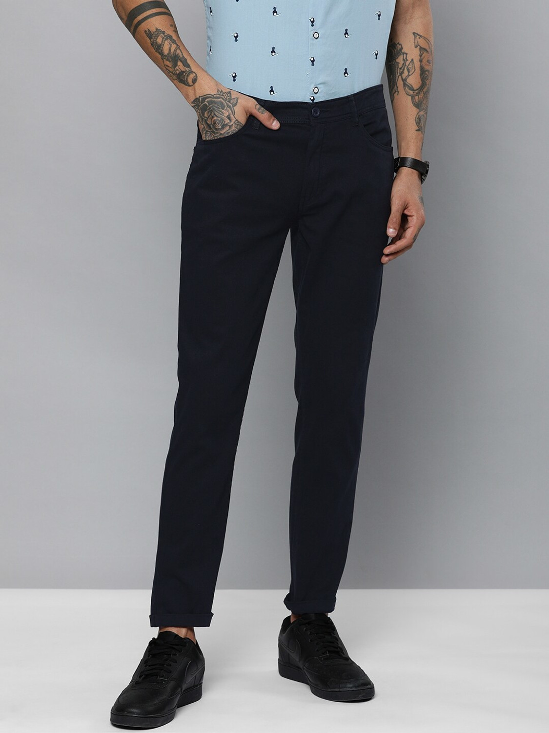 Image of The Indian Garage Co. Slim Fit Men Dark Blue Trousers