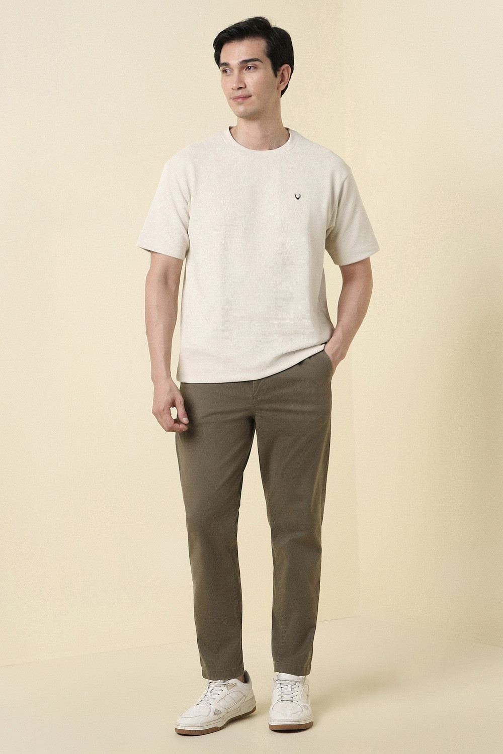 Image of Allen Solly Men Relaxed Green Cotton Blend Trousers