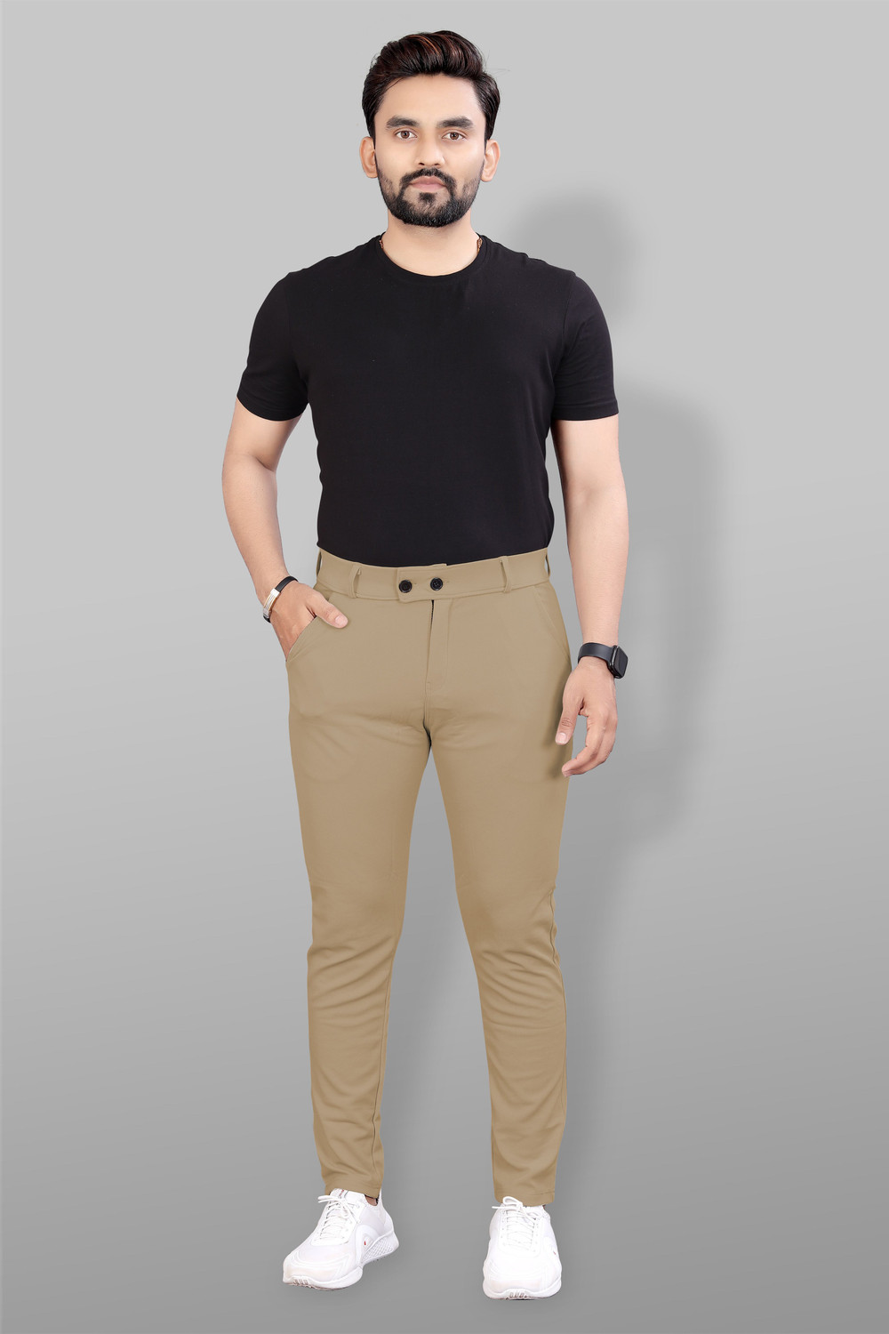 Image of COMBRAIDED Slim Fit Men Black, Khaki Trousers