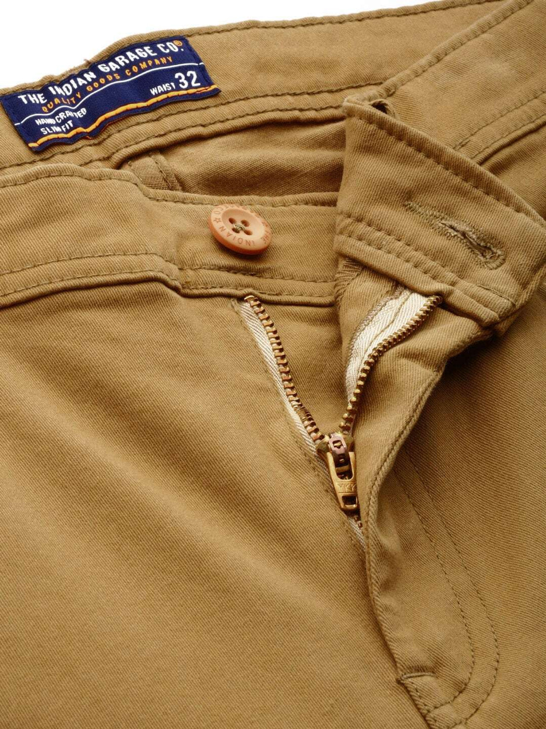 Image of The Indian Garage Co. Men Slim Fit Khaki Cotton Blend Trousers