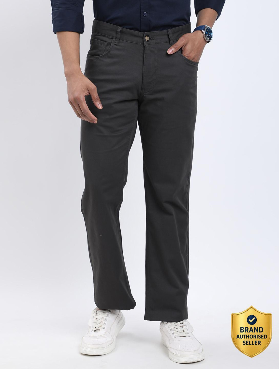 Image of INDIAN TERRAIN Regular Fit Men Grey Trousers