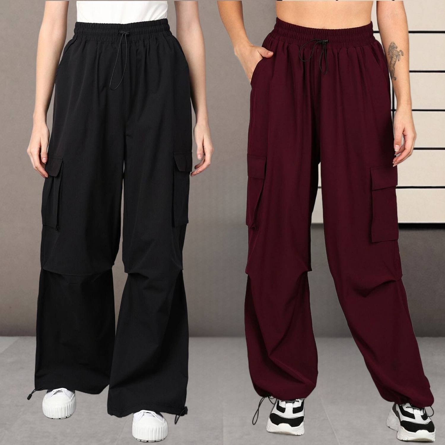 1stLov Regular Fit Women Black, Maroon Trousers
