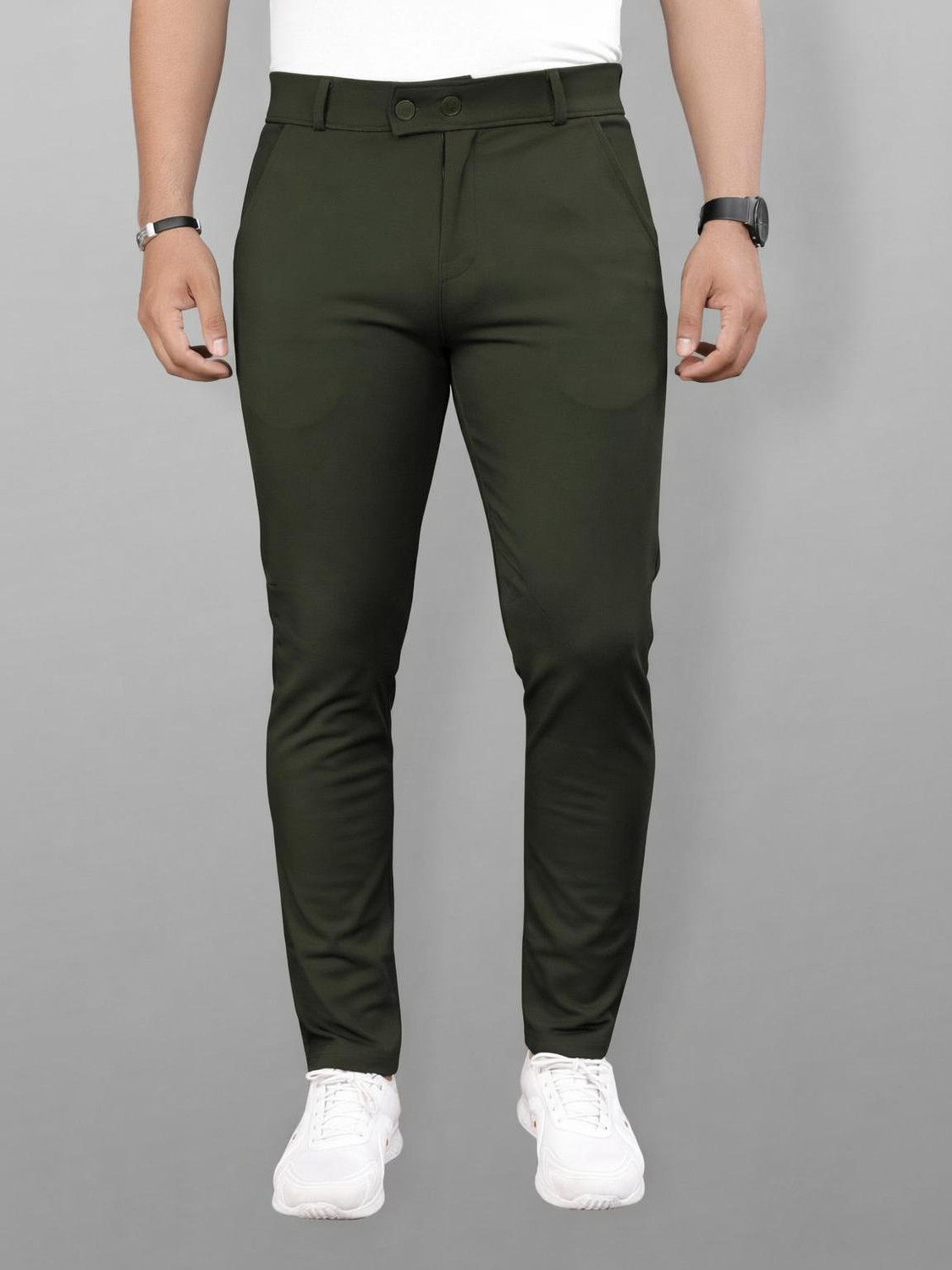 Image of COMBRAIDED Slim Fit Men Dark Green Trousers