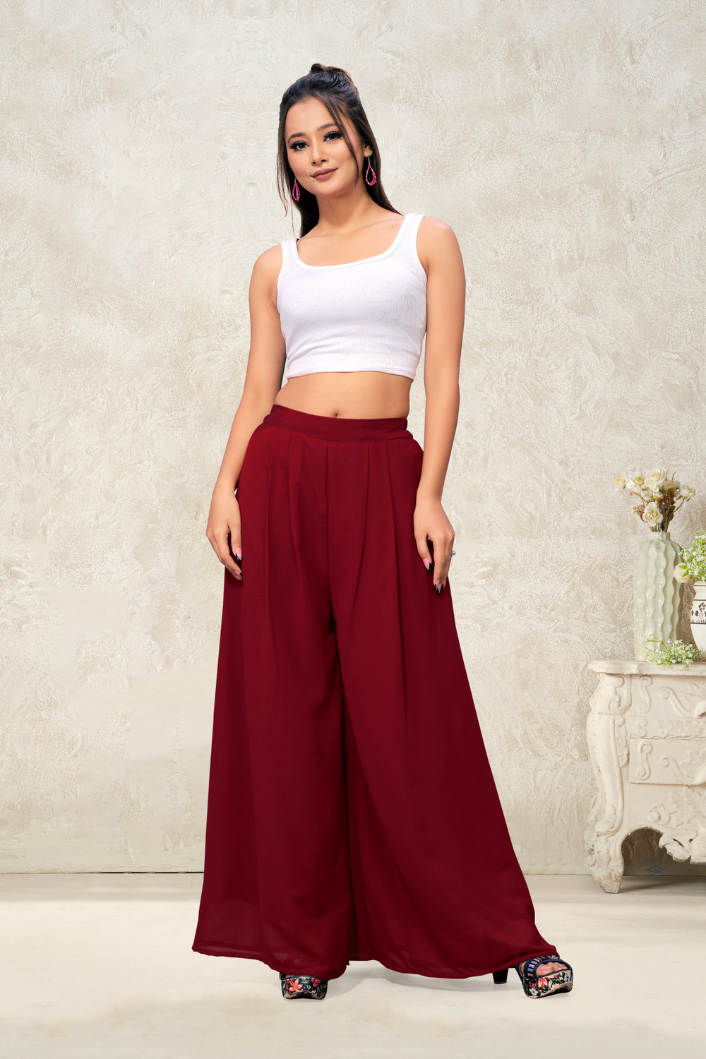 Image of Anti Wrinkle Designer Flared Women Maroon Trousers