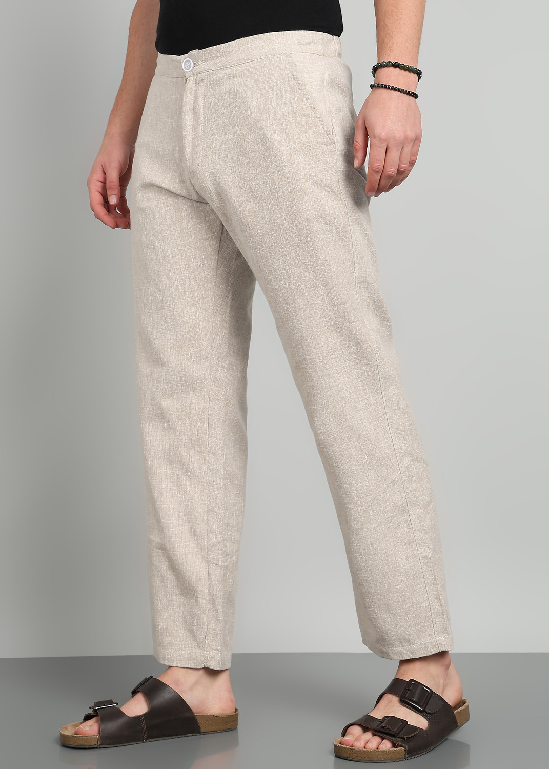 Image of Mast & Harbour Men Regular Fit Cream Cotton Blend Trousers