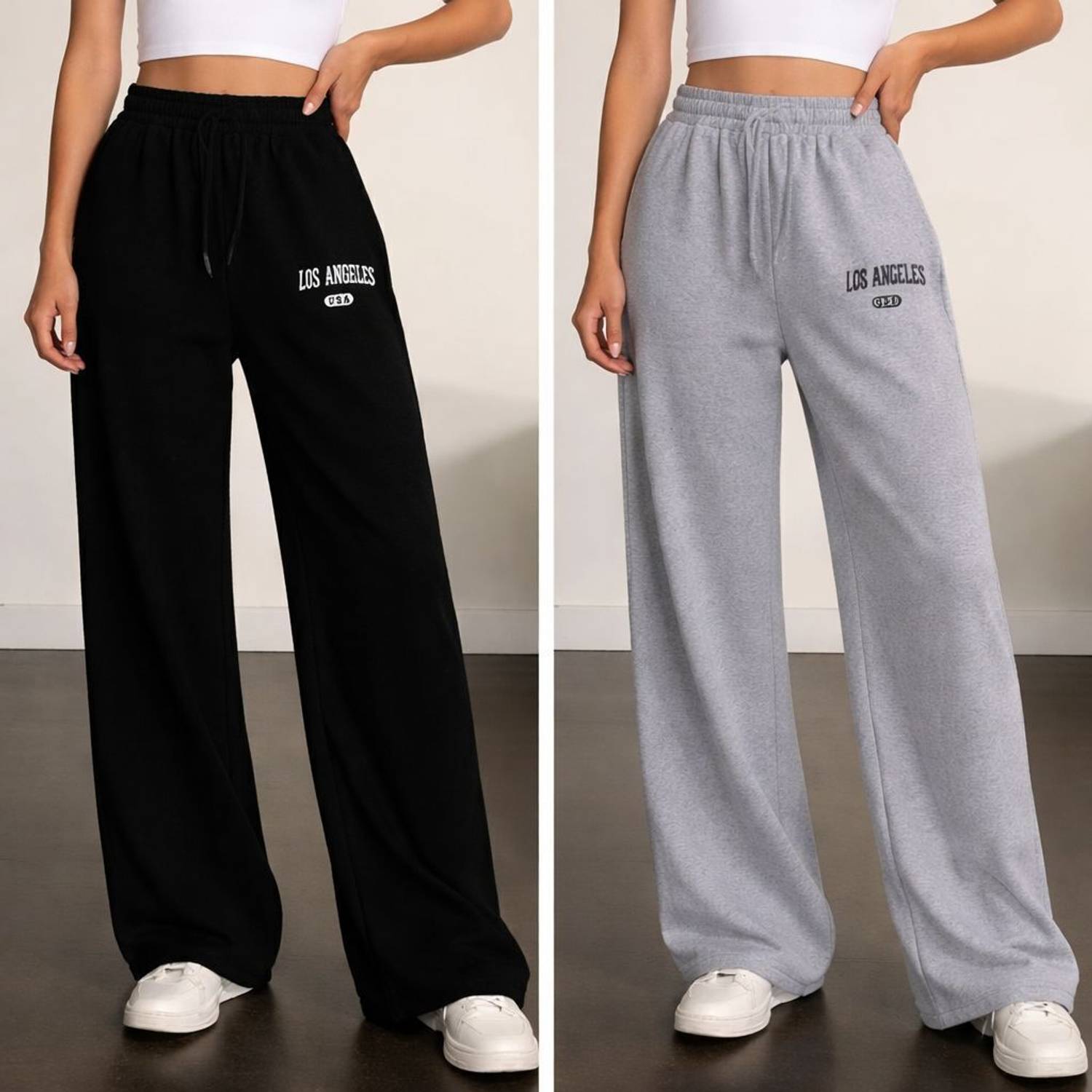Galloping Pack of 2 Women Loose Fit Black, Grey Cotton Blend Trousers - Image 1