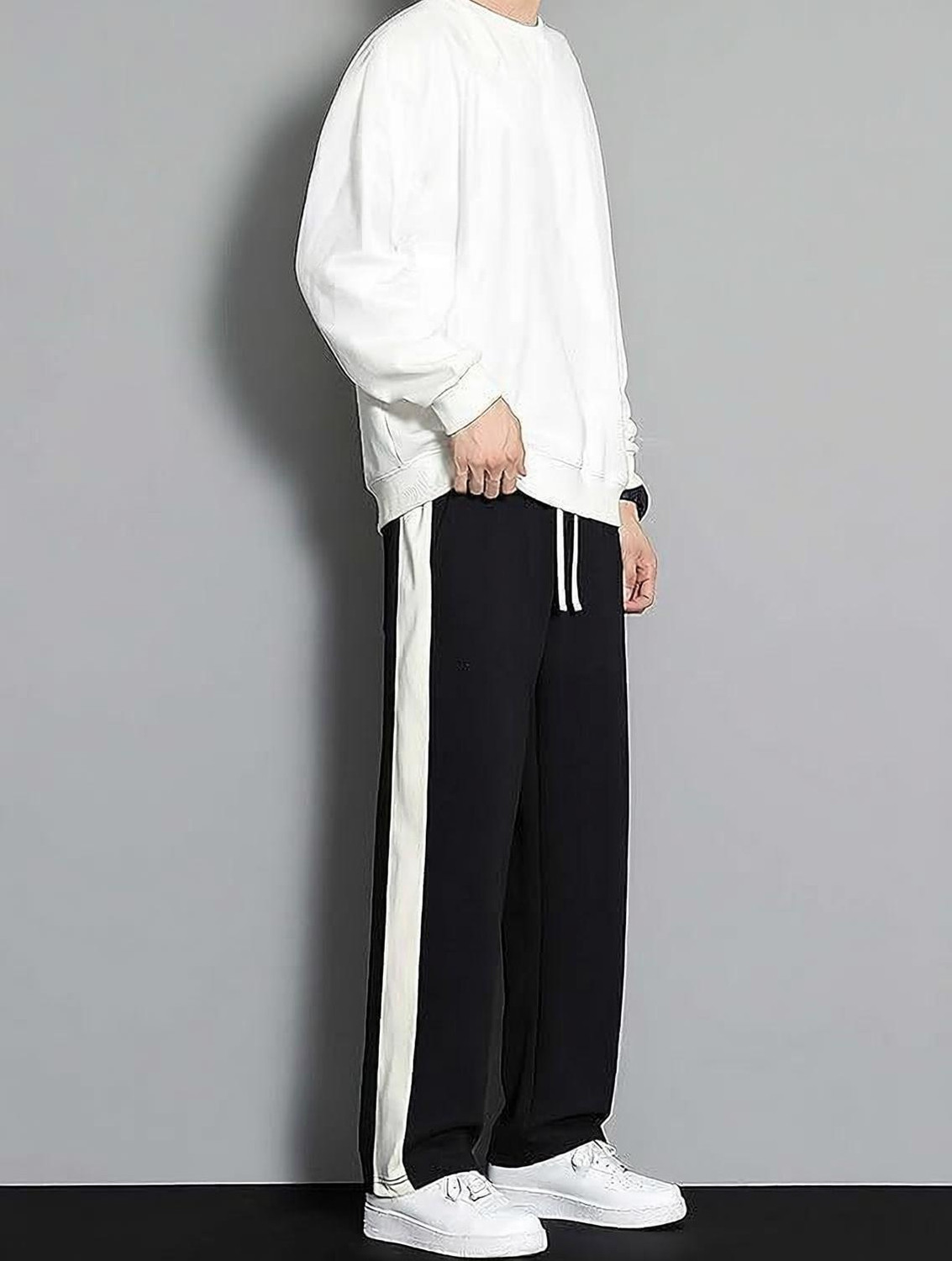 Image of Ptvize Loose Fit Men Black, White Trousers